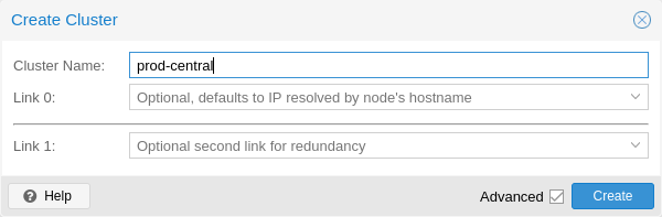 Cluster create dialog