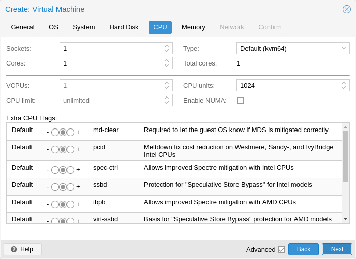 Create VM wizard, CPU step