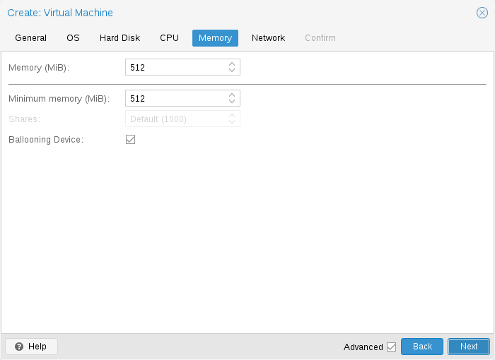 Create VM wizard, Memory step