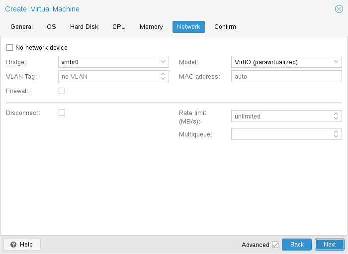 Create VM wizard, Network step
