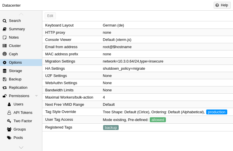 Proxmox datacenter options